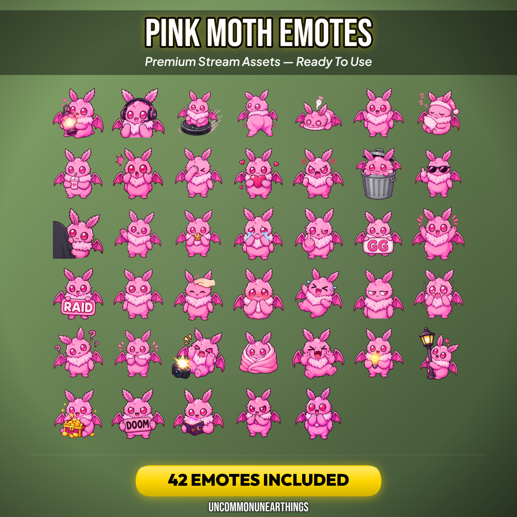 Moth Emote Pack — 42 Cute Chibi Pink Moth Emotes for Twitch Discord - Image 2
