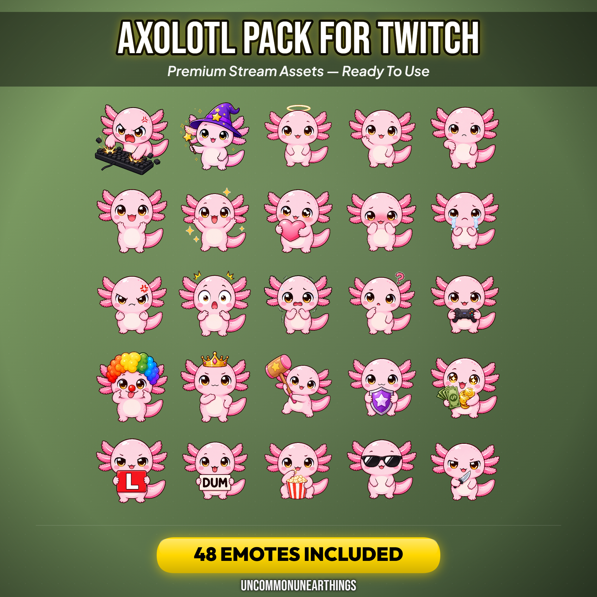 Axolotl Emote Pack — 48 Cute Chibi Axolotl Emotes for Twitch Discord - Image 2