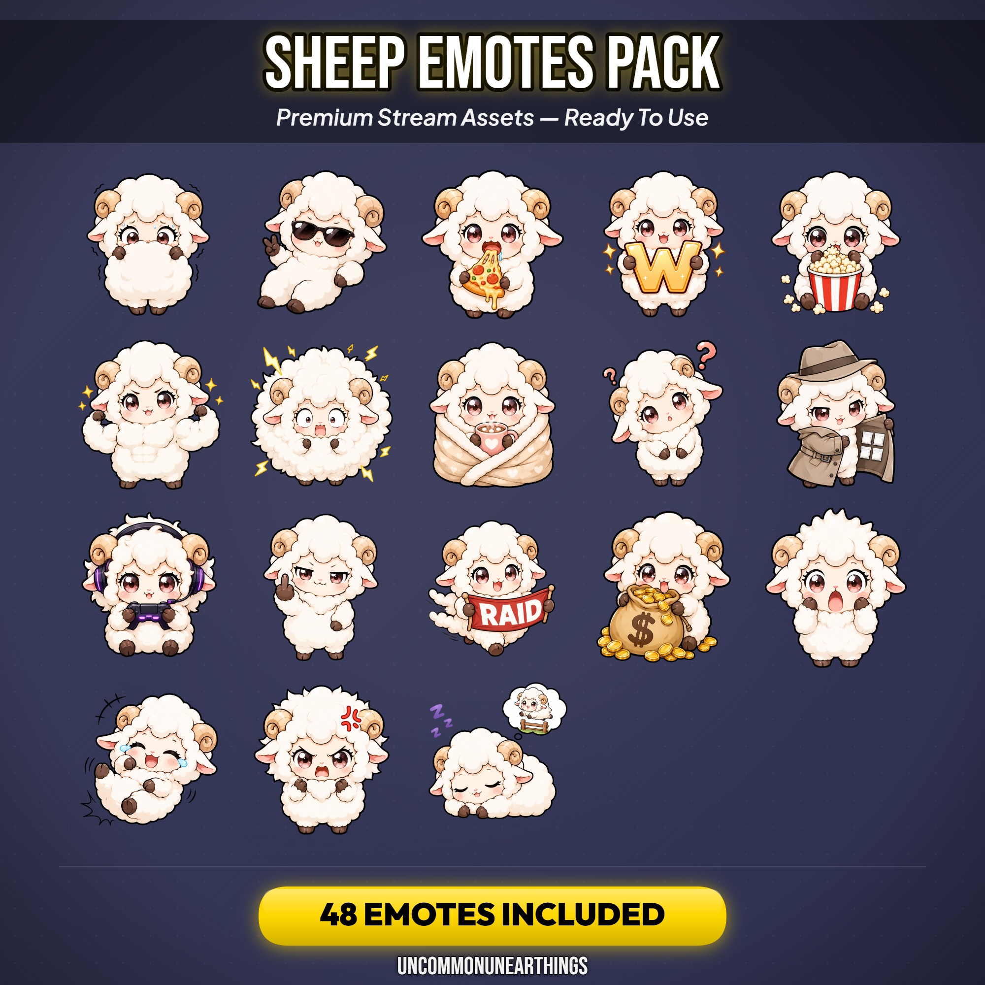 Sheep Emote Pack — 48 Cute Chibi Sheep Emotes for Twitch Discord - Image 3