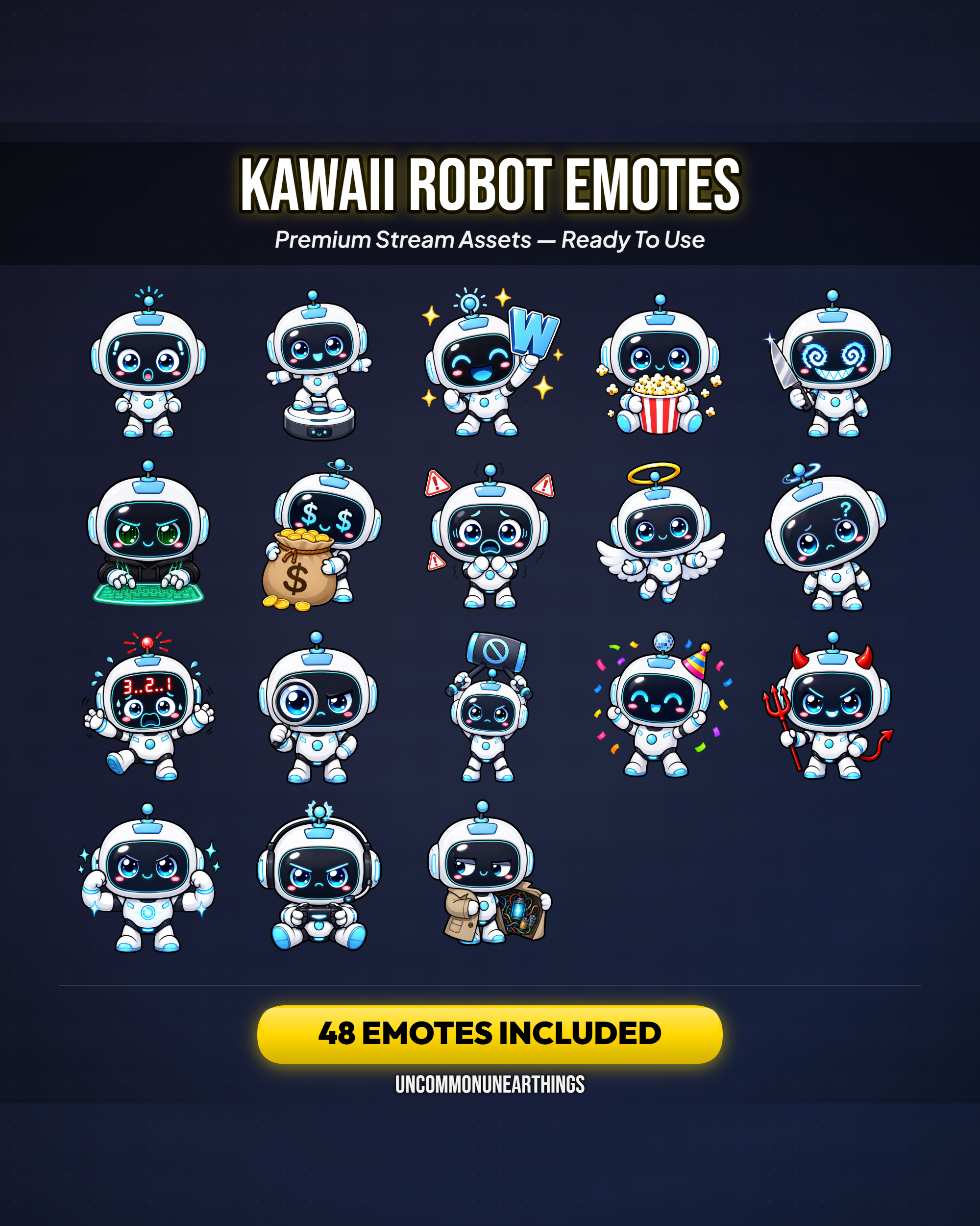 Robot Emote Pack — 48 Cute Kawaii Robot Emotes for Twitch Discord - Image 3
