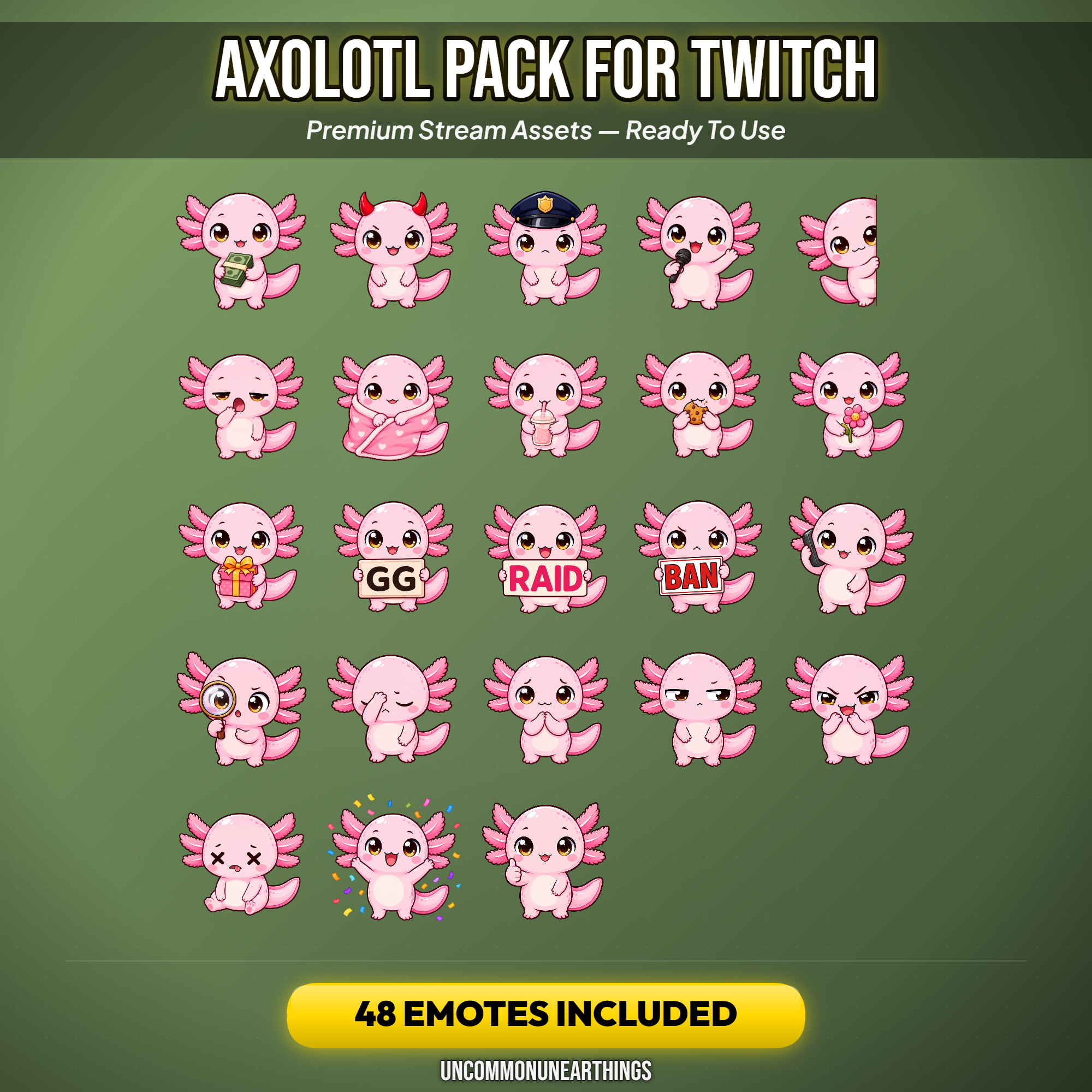 Axolotl Emote Pack — 48 Cute Chibi Axolotl Emotes for Twitch Discord - Image 3