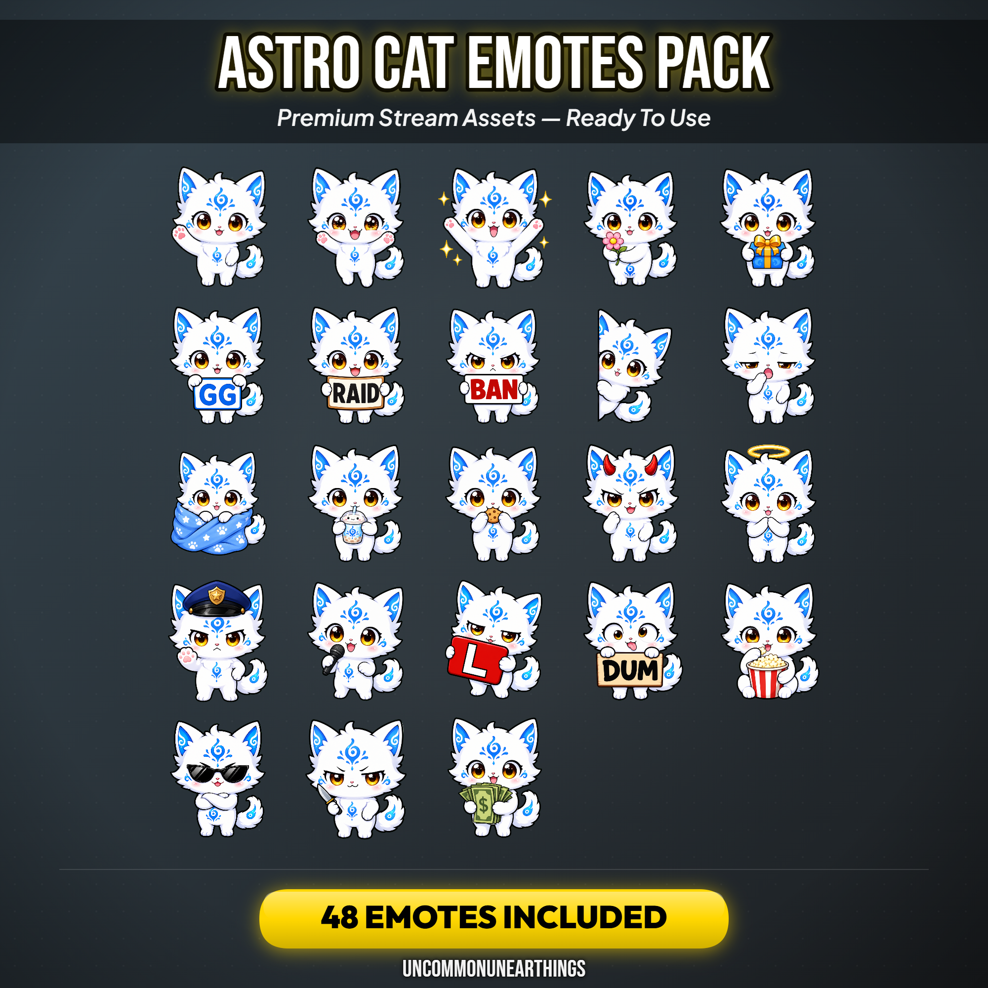 Astro Cat Emote Pack — 48 Cute Chibi Cat Emotes for Twitch Discord - Image 3
