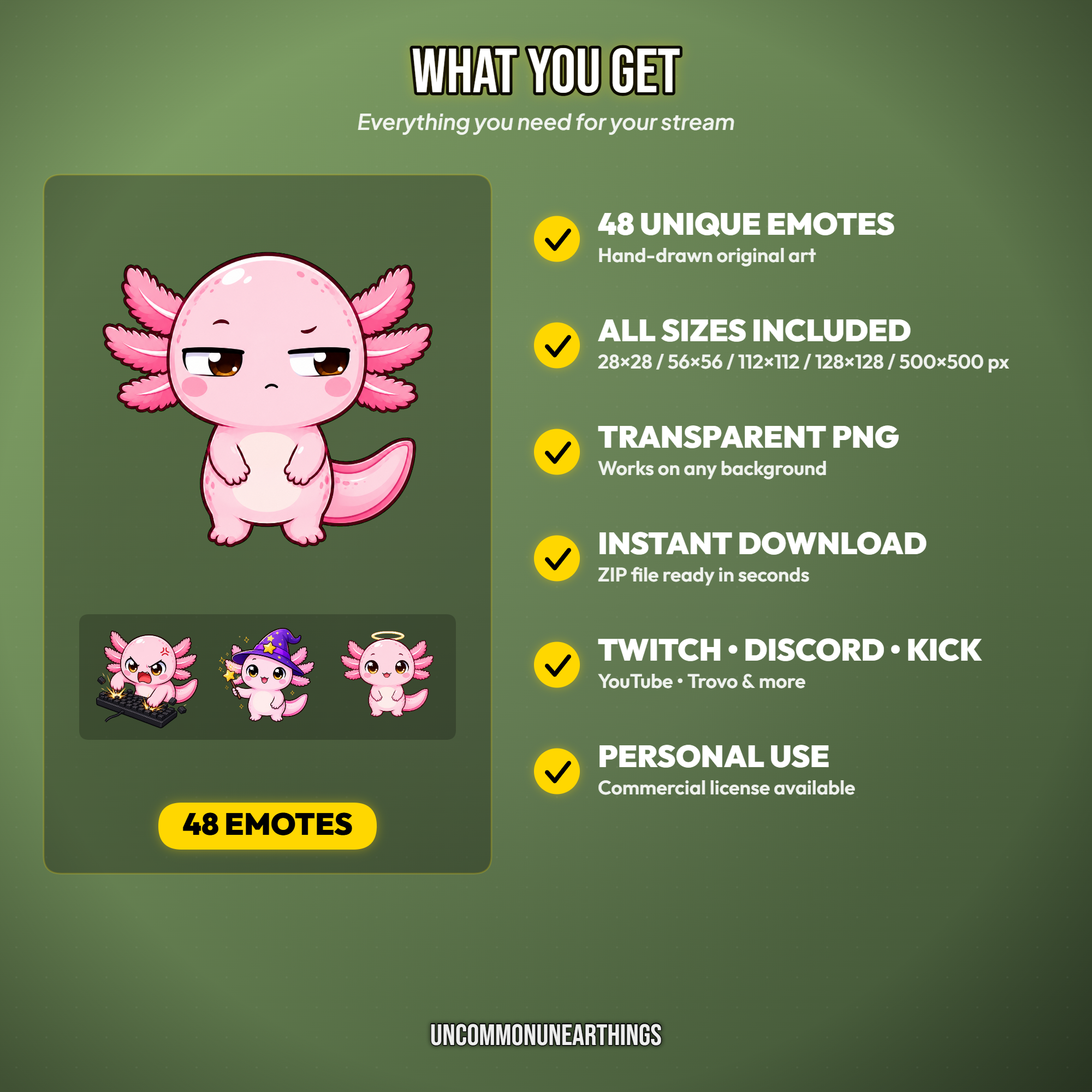 Axolotl Emote Pack — 48 Cute Chibi Axolotl Emotes for Twitch Discord - Image 4